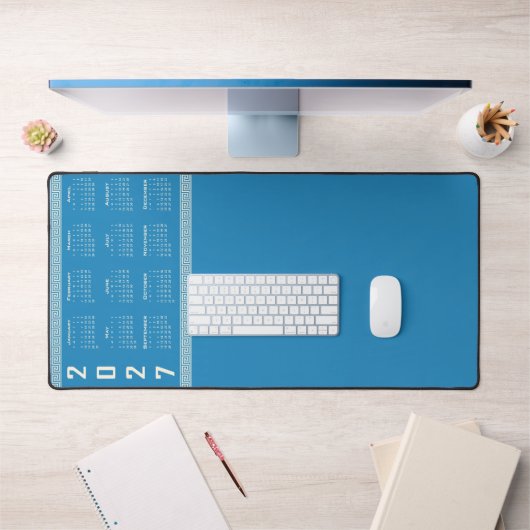 2027 Calendar, Greek Fret, Cosmic Latte on Blue (Bureau 1)