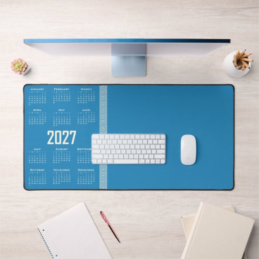 2027 Calendar, Greek Fret, Cosmic Latte on Blue (Bureau 1)