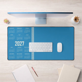 2027 Calendar, Greek Fret, Cosmic Latte on Blue Bureaumat