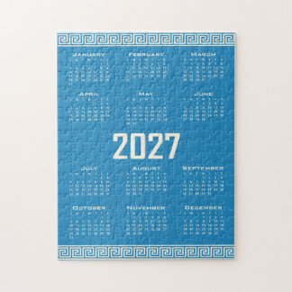2027 Calendar, Greek Fret, Cosmic Latte on Blue Legpuzzel