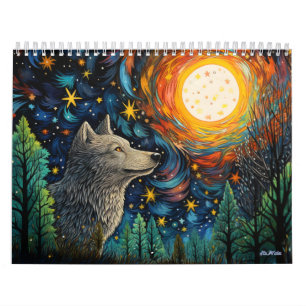 2027 glas-in-lood bos wolf met maan kalender