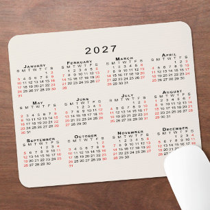 2027 Kalender Eenvoudig Beige Zwart Rood Muismat