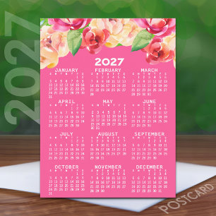 2027 Kalender Geschilderde Waterverf Bloemen roze Briefkaart