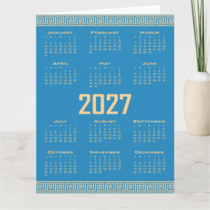 2027 Kalender, Griekse Fret, Beige op Cosmos Blauw Kaart
