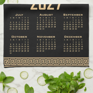 2027 Kalender, Griekse Fret, Beige op Zwart Theedoek