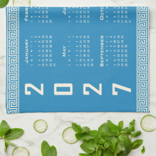 2027 Kalender, Griekse Fret, Cosmic Latte op Blauw Theedoek