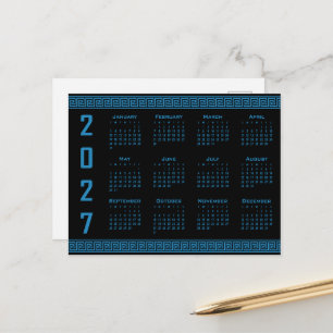 2027 Kalender, Griekse Fret, Cosmos Blauw op Zwart Briefkaart