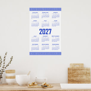 2027 Kalender, Griekse Fret, Griekse Blauwe op Wit Poster