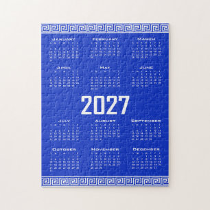 2027 Kalender, Griekse Fret, Wit op Grieks Blauw Legpuzzel