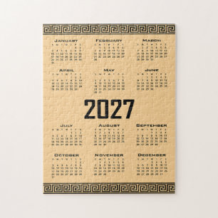 2027 Kalender, Griekse Fret, Zwart op Beige Legpuzzel