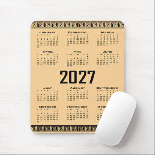 2027 Kalender, Griekse Fret, Zwart op Beige Muismat