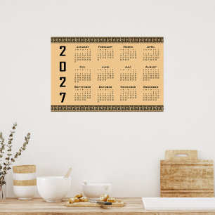 2027 Kalender, Griekse Fret, Zwart op Beige Poster