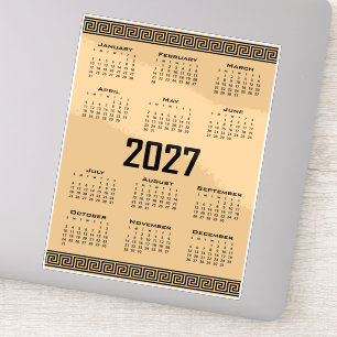 2027 Kalender, Griekse Fret, Zwart op Beige Sticker