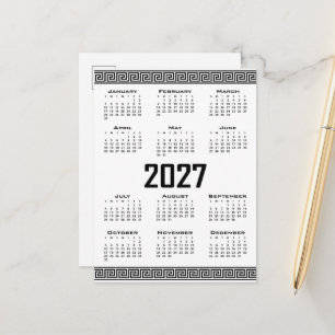 2027 Kalender, Griekse Fret, Zwart op Wit Briefkaart