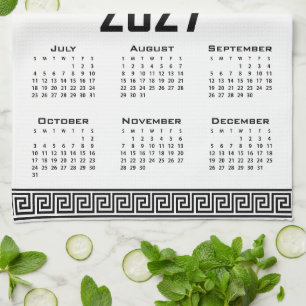 2027 Kalender, Griekse Fret, Zwart op Wit Theedoek