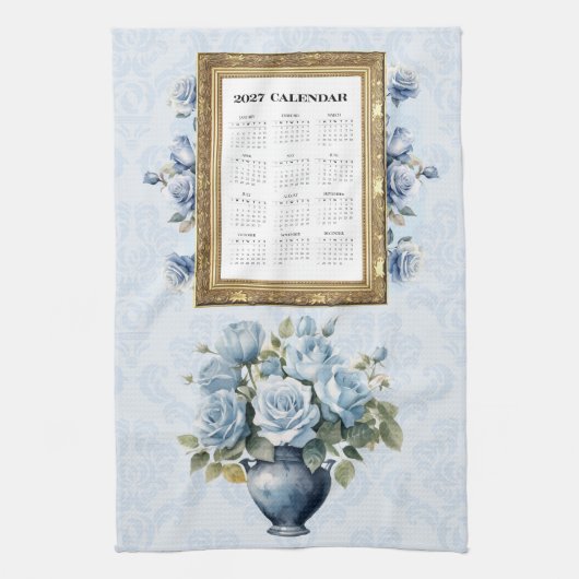 2027 Kalender Handdoek Blauwe Roos Keuken Handdoek (Verticaal)