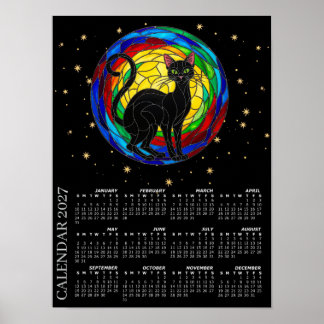 2027 Kalender, Vintage Zwarte Kat, Kleurrijke Moza Poster