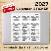 2027 maandelijkse witte kalenderstickers zondag we