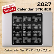 2027 maandelijkse zwarte kalenderstickers zondag w