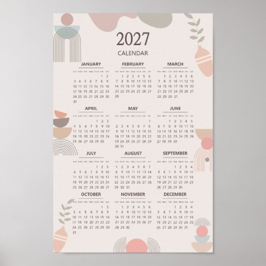 2027 Scandinavian Calendar Boho Aesthetic Beige Poster (Voorkant)