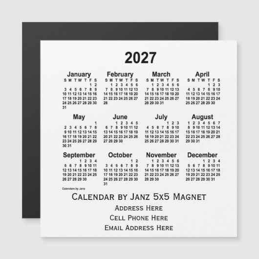 2027 White Business Calendar by Janz 5x5 Magnet (Devant / Derrière)