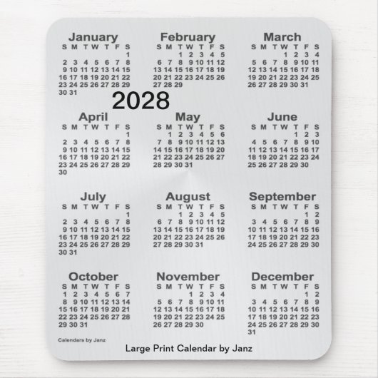 2028 Silver Large Print Calendar van Janz Muismat (Voorkant)