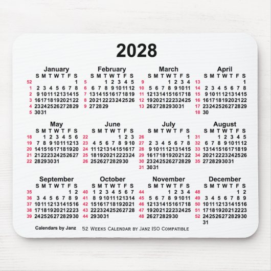 2028 Witte 52 weken ISO-kalender door Janz Muismat (Voorkant)