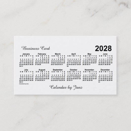 2028 Witte kalender van Janz Visitekaartje (Voorkant)