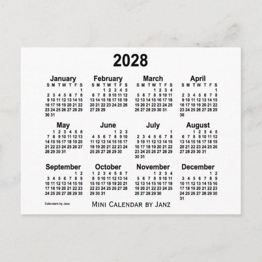 2028 Witte Mini-kalender van Janz Briefkaart (Voorkant)
