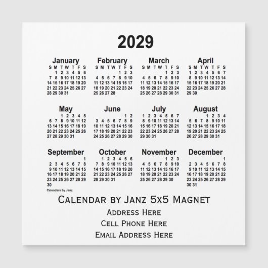 2029 White Business Calendar par Janz 5x5 Magnet (Devant)
