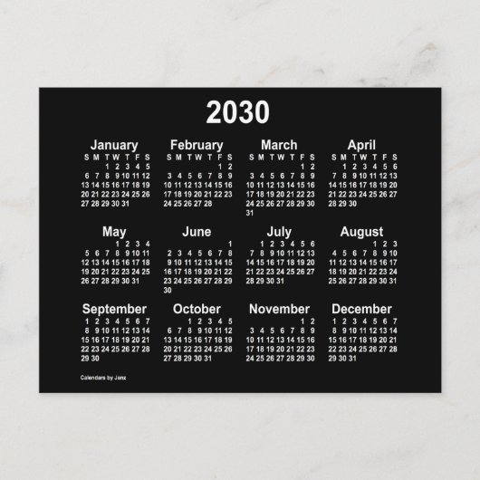 2030 Neon Witte Mini Kalender van Janz Briefkaart (Voorkant)