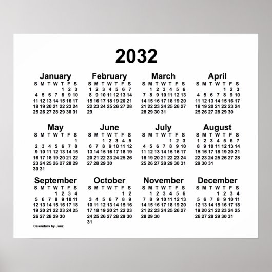 2032 White Calendar door Janz Print (Voorkant)