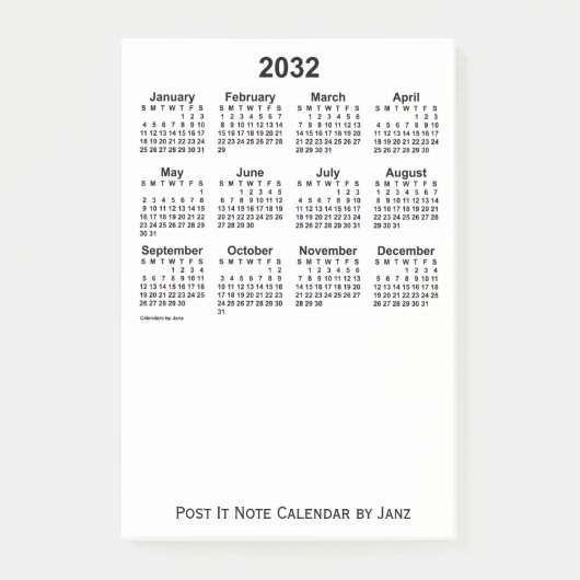 2032 Witte kalender van Janz Post-it Notes (Voorkant)