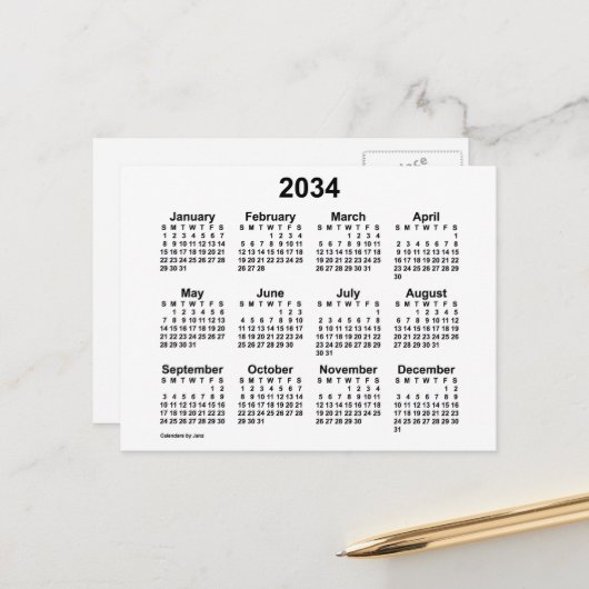 2034 Witte Mini-kalender van Janz Briefkaart (Voorkant / Achterkant in situ)