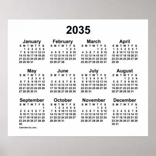 2035 Witte Kalender van Janz Print (Voorkant)