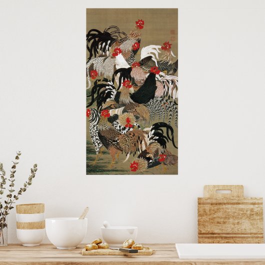 20. 群 図, 若 冲 Roosters, Jakuchu Poster (Keuken)