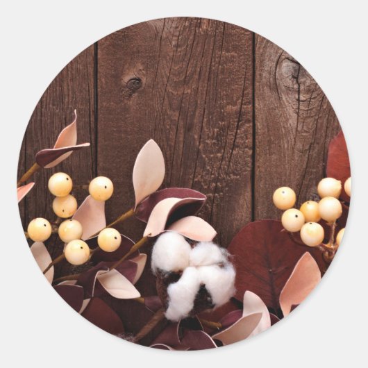20 - 1.5 Envelop Seal Cotton Branch op Donker Hout Ronde Sticker (Voorkant)