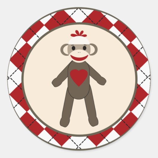 20 - 1,5" Envelop Seal Red Sock Monkey Argyle Ronde Sticker (Voorkant)