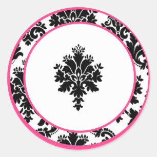 20 - 1,5" Envelope Seal Hot Pink Black Damask Ronde Sticker