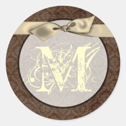 20 - 1.5 Envelopverzegeling Monogram Bruin Damask  Ronde Sticker (Voorkant)