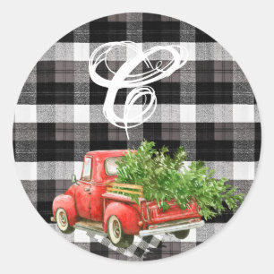 20 - 1.5 Envelopzegel XMAS Truck Buffel Plaid Ronde Sticker