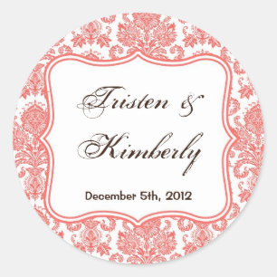 20 - 1,5" Favor Stickers Coral Blanc Damask Lace
