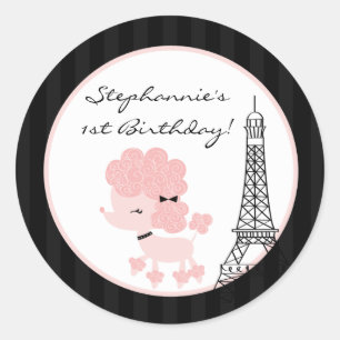 20 - 1,5" Favor Stickers roze poedel in Parijs