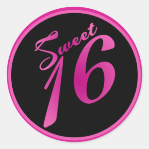 20 - 1,5" Favor Stickers Sweet 16 Pink Black Part