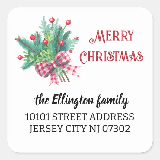 20 Brandweertakken & Bessen Retouradres Kerstmis Vierkante Sticker (Voorkant)