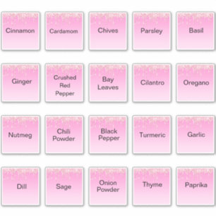 20 keukenkruiden en specerijen, roze glitters labe sticker