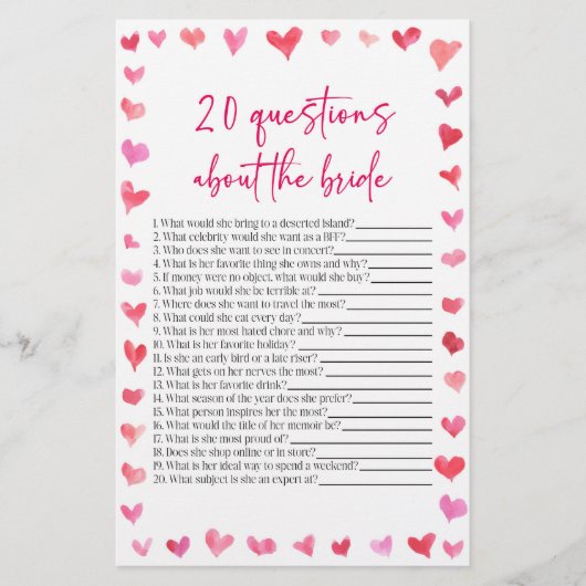 20 Questions About The Bride Bridal Shower Game  Briefpapier (Voorkant)