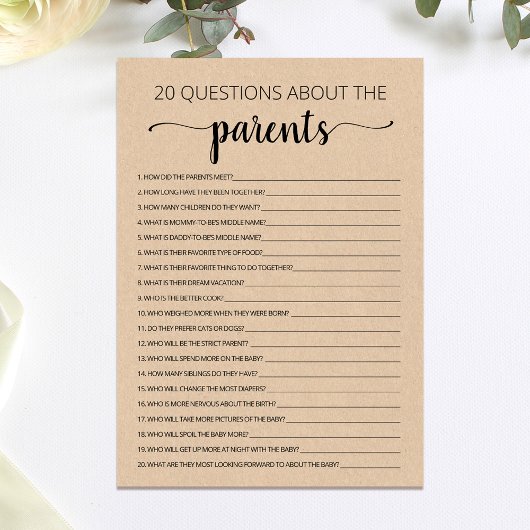 20 Questions sur la carte de Baby Shower des Paren