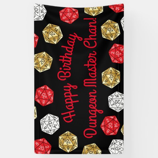 20 Sided Dice DND Game Verjaardag Wit Rood Goud Spandoek (Verticaal)