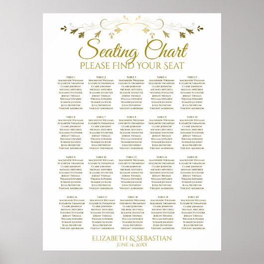 20 Tabel Elegant Gold Wedding Seating Chart Poster (Voorkant)